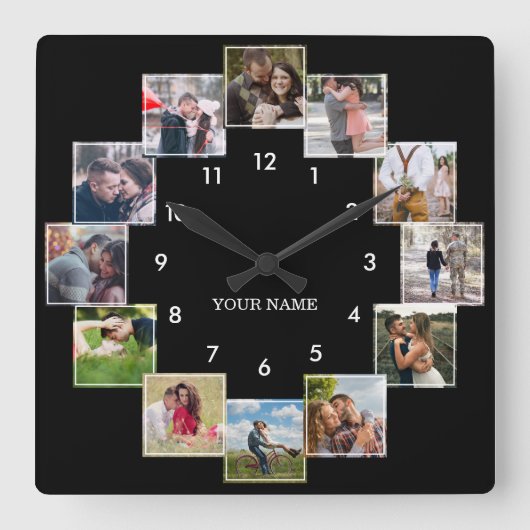 Fun Photo Collage Couple's Black Large Clock Vierkante Klok (Voorkant)