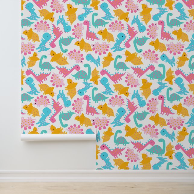 Fun Pink & Blauwgroen Dinosaur Patroon Behang (Applicatie)