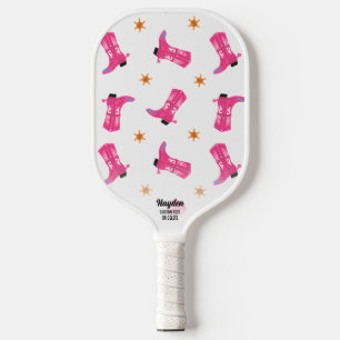 Fun Pink Cowboy Boots Gold Stars Aangepaste tekst Pickleball Paddle