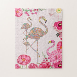 Fun Pink flamingo surreal collage met bloemen Legpuzzel