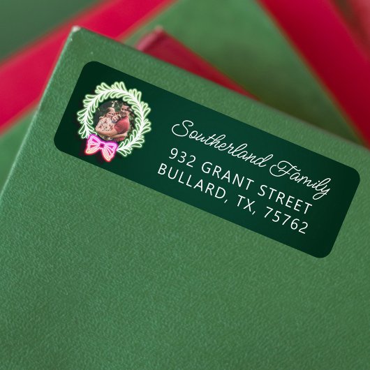 Fun Pink Green Neon licht kerstmis foto Etiket