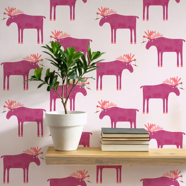 Fun Pink Moose Elk Pattern Behang (Fun pink moose or elk animal pattern peel and stick art wallpaper)