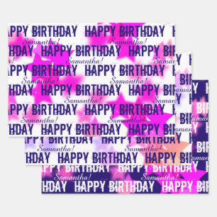 Fun Pink/Paarse sterren Eigen naam Happy Birthday Inpakpapier Vel