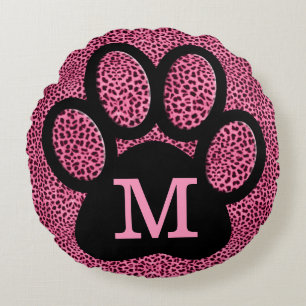 Fun Pink Paw Print met Monogram op Cheetah Rond Kussen