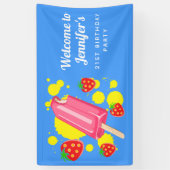 Fun Pink Popsicle and Strawberries Birthday Spandoek (Verticaal)