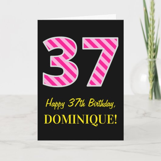 Fun Pink Striped "37"; Happy 37th Birthday; naam Kaart (Voorkant)