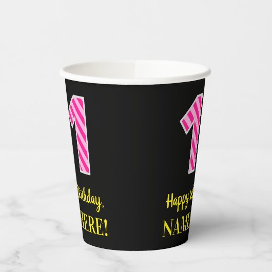 Fun Pink Stripes "11": Happy 11th Birthday + Name Papieren Bekers (Links)