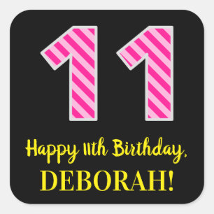 Fun Pink Stripes "11": Happy 11th Birthday + Name Vierkante Sticker