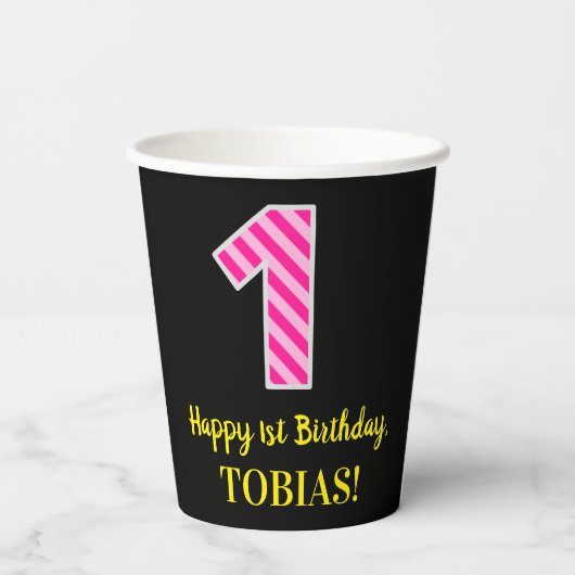 Fun Pink Stripes "1": Happy 1st Birthday + naam Papieren Bekers (Achterkant)
