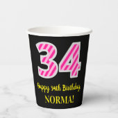 Fun Pink Stripes "34": Happy 34th Birthday + Name Papieren Bekers (Achterkant)