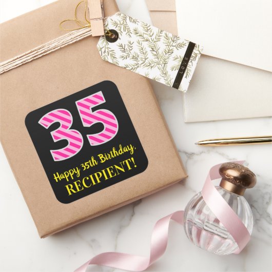 Fun Pink Stripes “35”: Happy 35th Birthday + Name Vierkante Sticker (Geschenken)