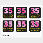 Fun Pink Stripes “35”: Happy 35th Birthday + Name Vierkante Sticker (Vel)