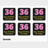 Fun Pink Stripes “36”: Happy 36th Birthday + Name Vierkante Sticker (Vel)