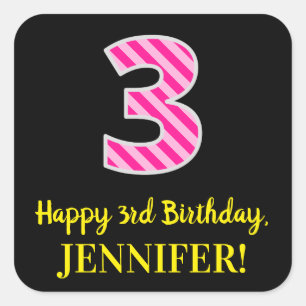 Fun Pink Stripes "3": Happy 3rd Birthday + naam Vierkante Sticker