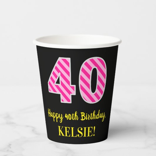 Fun Pink Stripes "40": Happy 40th Birthday + Name Papieren Bekers (Voorkant)