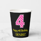 Fun Pink Stripes "4": Happy 4th Birthday + Name Papieren Bekers (Achterkant)