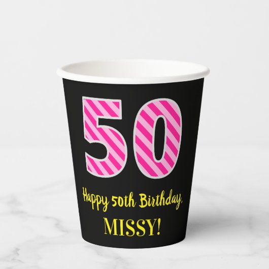 Fun Pink Stripes "50": Happy 50th Birthday + Name Papieren Bekers (Voorkant)