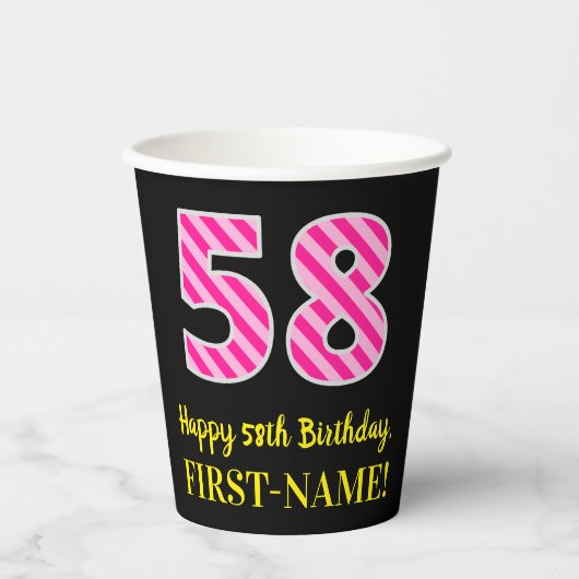 Fun Pink Stripes "58": Happy 58th Birthday + Name Papieren Bekers (Voorkant)