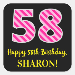 Fun Pink Stripes "58": Happy 58th Birthday + Name Vierkante Sticker
