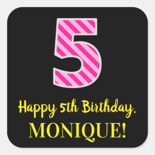 Fun Pink Stripes "5": Happy 5th Birthday + Name Vierkante Sticker