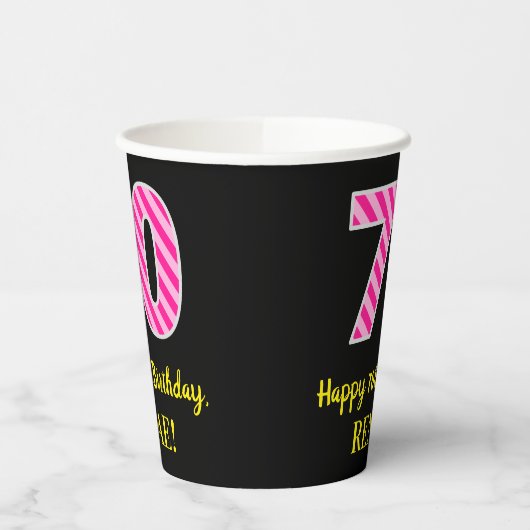 Fun Pink Stripes "70": Happy 70th Birthday + Name Papieren Bekers (Links)