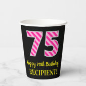 Fun Pink Stripes "75": Happy 75th Birthday + Name Papieren Bekers (Achterkant)