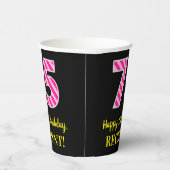 Fun Pink Stripes "75": Happy 75th Birthday + Name Papieren Bekers (Rechts)