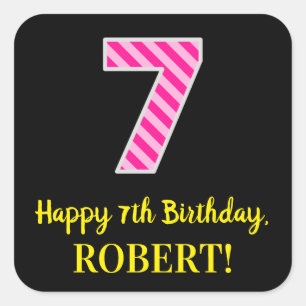 Fun Pink Stripes "7": Happy 7th Birthday + naam Vierkante Sticker