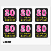 Fun Pink Stripes “80”: Happy 80th Birthday + Name Vierkante Sticker (Vel)