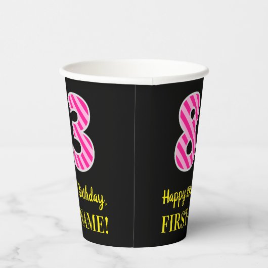 Fun Pink Stripes "83": Happy 83rd Birthday + Name Papieren Bekers (Rechts)