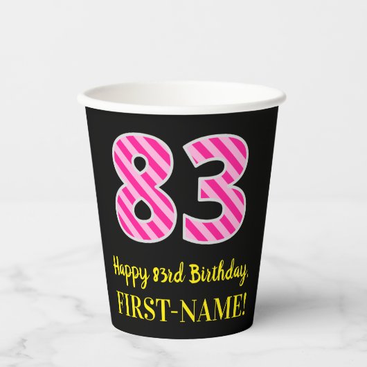 Fun Pink Stripes "83": Happy 83rd Birthday + Name Papieren Bekers (Voorkant)