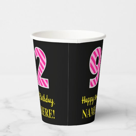 Fun Pink Stripes "92": Happy 92nd Birthday + Name Papieren Bekers (Rechts)