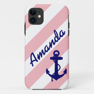 FUN PINK STRIPES BLUE ANCHOR JOUW NAAM iPhone 11 HOESJE