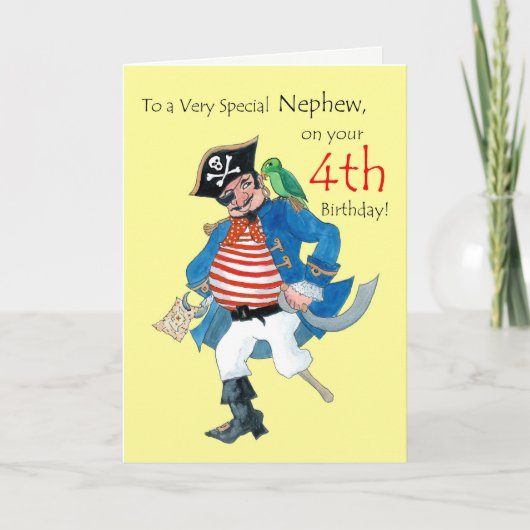 Fun Pirate 4th Birthday Card voor Nephew op geel Kaart (Voorkant)