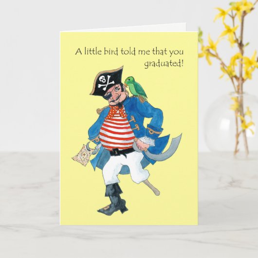 Fun Pirate, Parrot Afstuderen Gefeliciteerd Kaart (Gele Bloem)