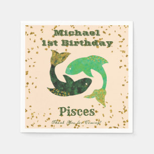 Fun Pisces First Birthday & Gold Confetti Servet