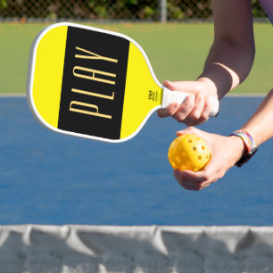Fun PLAY Text Vivid Yellow Black Center Stripes Pickleball Paddle