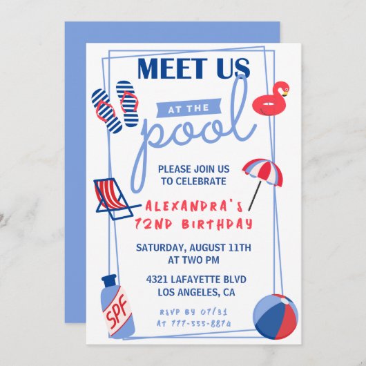 Fun Pool Party 72e anniversaire invitations été (Devant / Derrière)