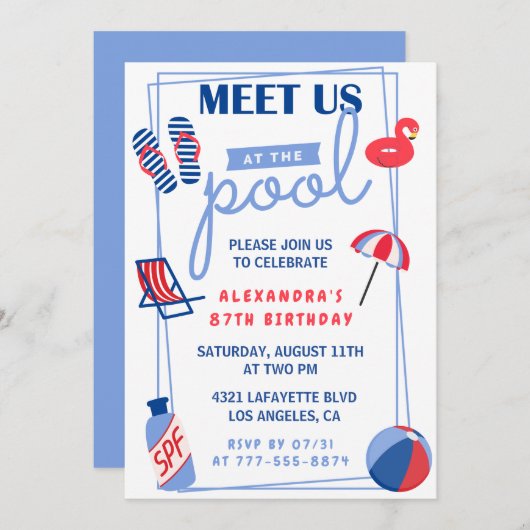 Fun Pool Party 87e anniversaire invitations été (Devant / Derrière)