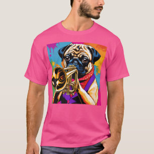 Fun Pug Spelen Trompet  Pop Art Jazz Play T-shirt