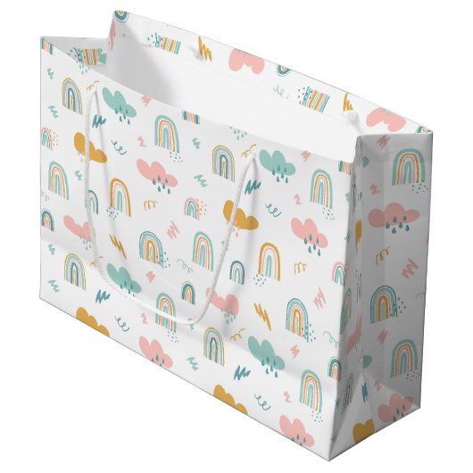 Fun Rainbow & Rain Cloud Pattern Groot Cadeauzakje (Voorkant Gekanteld)