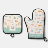 Fun Rainbow & Rain Cloud Pattern Ovenwant & Pannenlap Set (Voorkant)