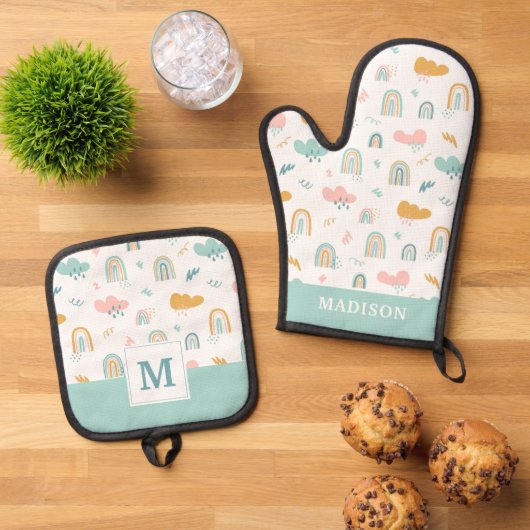 Fun Rainbow & Rain Cloud Pattern Ovenwant & Pannenlap Set (Top down)