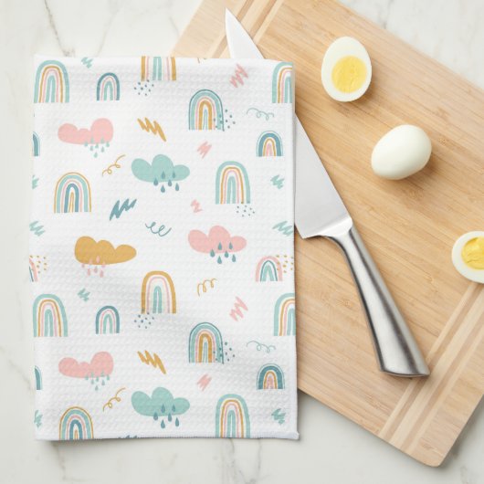 Fun Rainbow & Rain Cloud Pattern Theedoek (Quarter Fold)