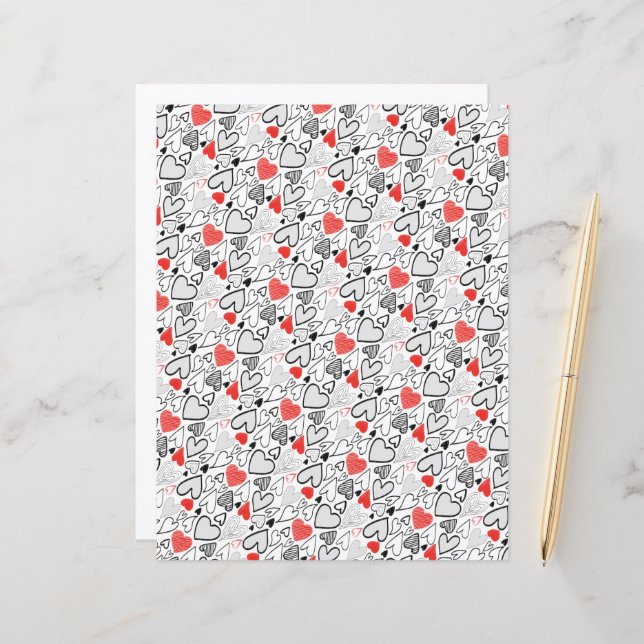 Fun Red Black Doodle Hearts White Scrapbook Paper (Voorkant / Achterkant in situ)