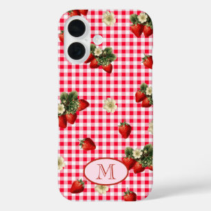 Fun Red Gingham Aardbeien Custom Monogram iPhone 16 Hoesje