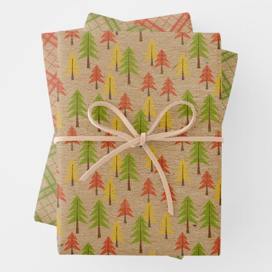 Fun Red Green Yellow Abstract Pine Tree Patroon Inpakpapier Vel (In situ)