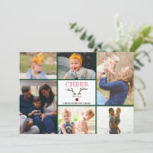 Fun Red Script CHEER Whimsical Reindedarfoto Feestdagenkaart (Staand voorkant)