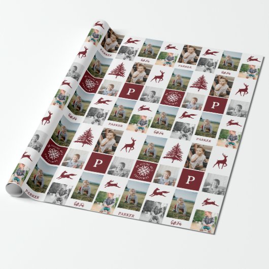 Fun Red Woodland Custom Photo Collage Monogram Cadeaupapier (Uitgerold)