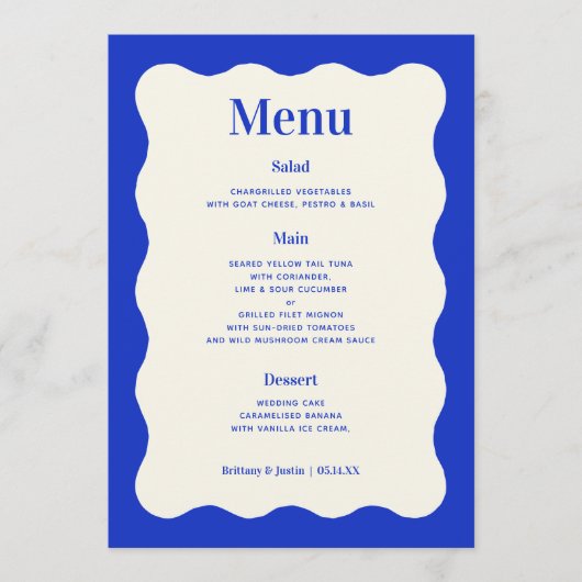 Fun Retro Blue Modern Wavy Mariage Cartes de menu (Devant)